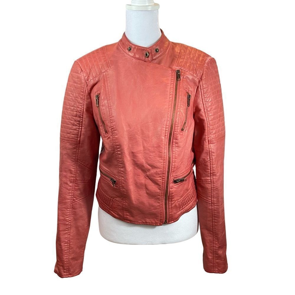 Guess Pink/Red Faux Leather Moto Jacket with‎ Asymmetrical Zipper Size Small